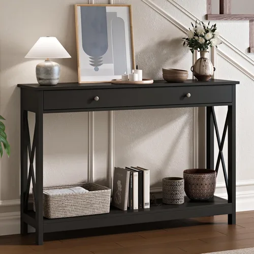 Vista 12 de Mesa consola de madera Treocho Farmhouse con cajón y estantes de almacenamiento, mesa de sofá estrecha para entrada, sala de estar, pasillo