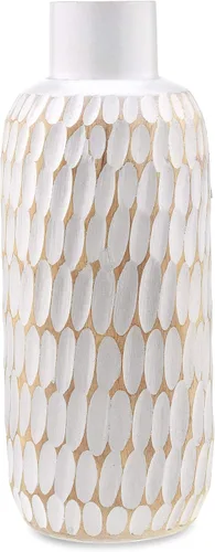 Vista 2 de AeraVida Florero de madera de mango teñido blanco de 10 pulgadas, diseño de gotas de lluvia, jarrón de madera de árbol de mango, jarrón de mesa