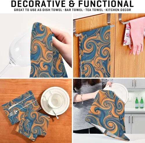Vista 7 de Retro Swirls - Juego de 6 paños de cocina absorbentes de 28 x 18 pulgadas, color naranja y azul