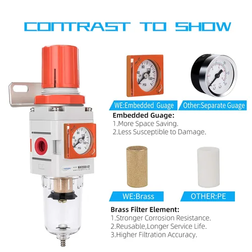 Vista 5 de NANPU 1/4 "NPT Embedded Gauge Compressed Air Filter/Regulator Piggyback Combo, Drenaje semiautomático, Elemento de latón de 5 micrones, Cuenco