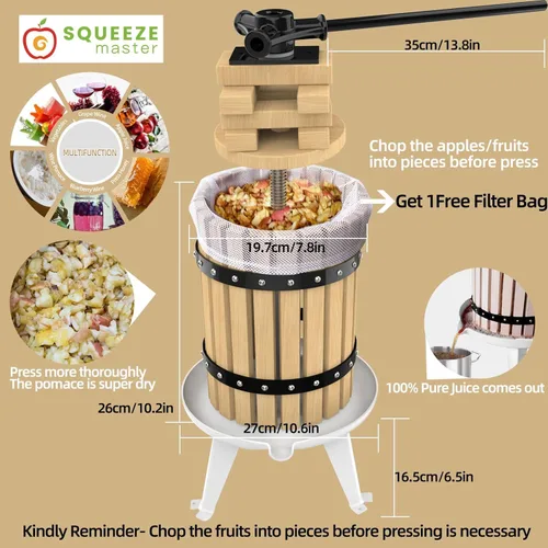Vista 2 de SQUEEZE master Prensa de frutas, cesta de madera maciza de 1.6 galones/6 litros, prensa de vino, exprimidor tradicional vintage, 6 bloques de prensa