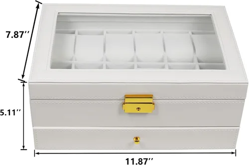 Vista 6 de Ogrmar Cajas de almacenamiento de reloj de piel sintética con cerradura de 12 ranuras, para hombres y mujeres, estuche organizador de 2 niveles