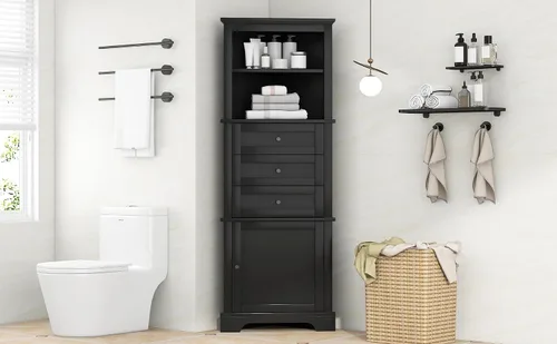 Vista 9 de Armario de almacenamiento para baño, gabinetes de almacenamiento triangulares con 3 cajones y estante ajustable, armario de esquina alto para baño
