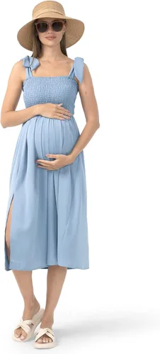 Vista 3 de Rnxrbb Vestido de maternidad de gasa con abertura y bolsillos, para verano, casual, sin mangas, fruncido, para embarazo, ropa para la playa