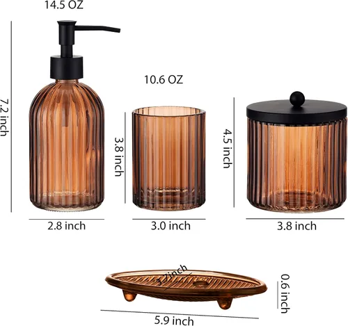 Vista 2 de Juego de 4 accesorios de baño de vidrio pesado con patrón decorativo prensado, incluye dispensador de jabón de mano, vaso, jabonera y soporte