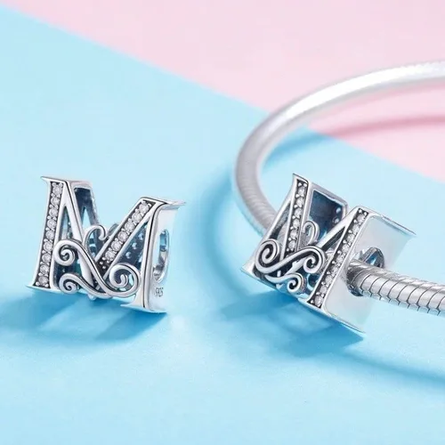 Vista 2 de BEEUVIP Dijes de plata de ley 925 para pulseras Pandora, cuentas iniciales del alfabeto, regalo de joyería para mujeres