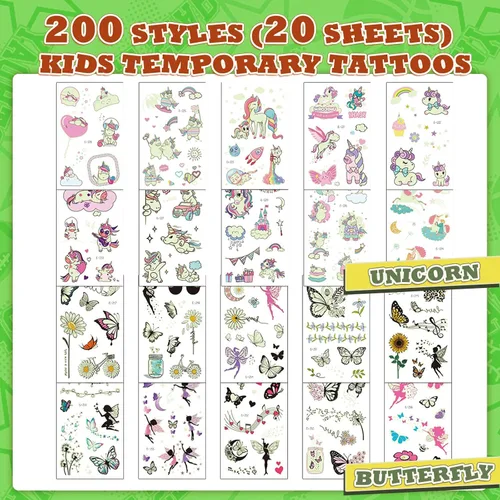 Vista 2 de 200 tatuajes de mariposa luminosos para niños, con temática de unicornio y mariposa, tatuajes temporales para niños, tatuajes temporales que brillan