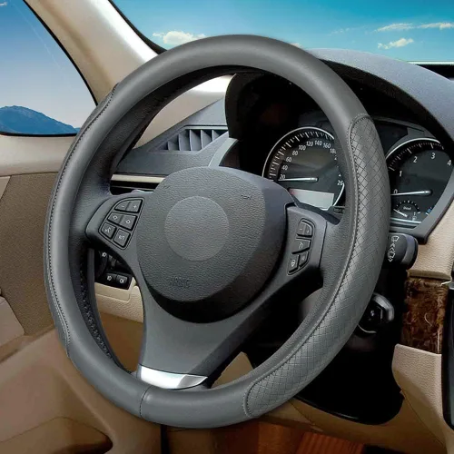 Vista 7 de Funda de volante de piel de microfibra con relieve clásico, protector de rueda antideslizante y transpirable para automóvil, ajuste para volantes