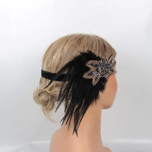 Vista 5 de Diadema vintage de los años 20 con diseño de flapper Great Gatsby 20 Showgirl con plumas rugidas de cristal negro y bronce