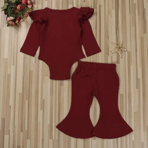 Vista 3 de Ropa para bebé y niña, acanalado, con volantes, manga larga, mameluco, pantalones acampanados, color sólido, otoño, invierno, trajes de 2 piezas