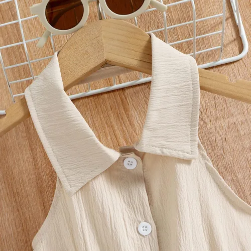Vista 4 de Mameluco de verano sin mangas para niñas pequeñas, mono de lino y algodón sólido con cinturón, para madres y niñas (beige, 12-18 meses)
