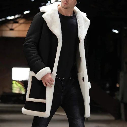 Vista 5 de Chaquetas casuales con forro polar Sherpa para hombre, con cuello de piel abrigada, gabardina larga, tallas grandes y altas con bolsillos