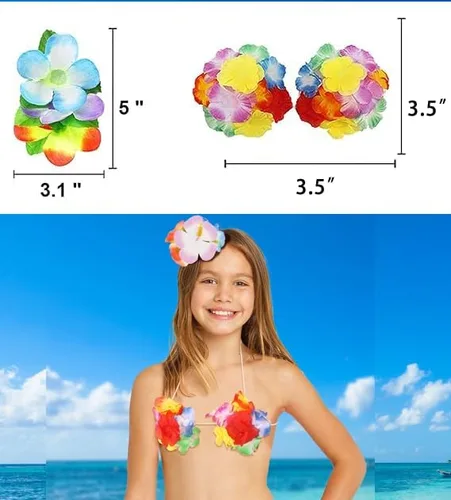 Vista 4 de PHOGARY 8 PCS Hula Skirt Costume Accessory Kit Luau Party Dress Up for Girls, 40 CM Hawaiian Hula Dancing Skirt Set