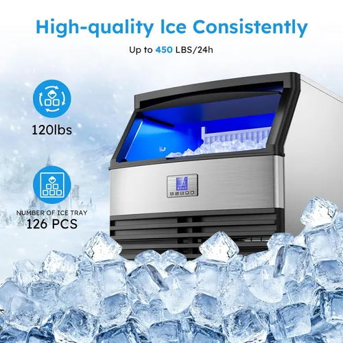 Vista 2 de Máquina comercial para hacer hielo, 450 libras/24 horas, máquina de hielo debajo del mostrador, fabricación de hielo de 8 a 15 minutos