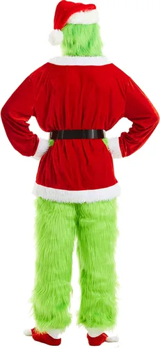 Vista 2 de Disfraz de monstruo verde de Navidad, 7 piezas, traje de Papá Noel para adultos, traje de lujo peludo para adultos, traje de Papá Noel verde