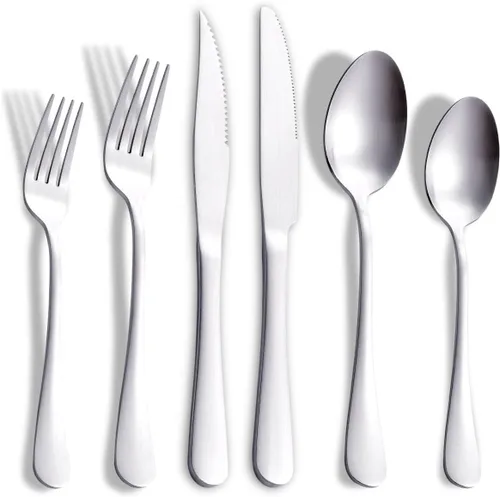Vista 10 de Juego de cubiertos negros mate con cuchillos para carne, juego de cubiertos de acero inoxidable de 36 piezas para 6, moderno juego de cubiertos