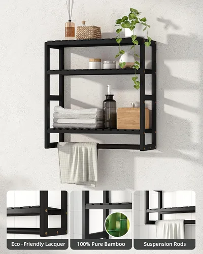 Vista 4 de Galood Estantes de baño, toalleros para almacenamiento sobre el inodoro con toallero, 3 niveles flotantes montados en la pared, soporte de papel