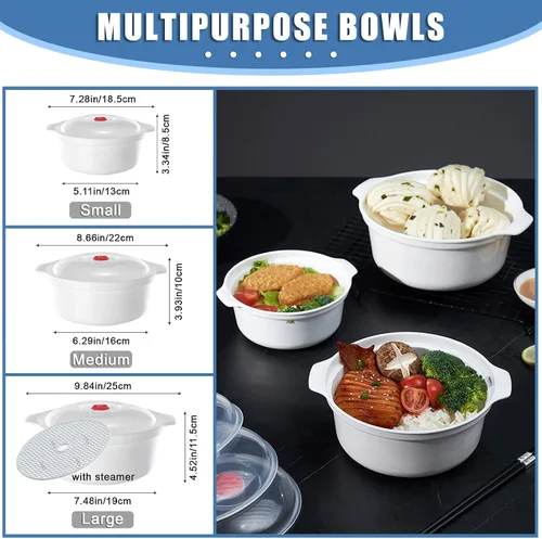 Vista 7 de Tazones para microondas de 3 piezas con tapas, aptos para microondas, platos aptos para microondas para calentar alimentos, artículos esenciales