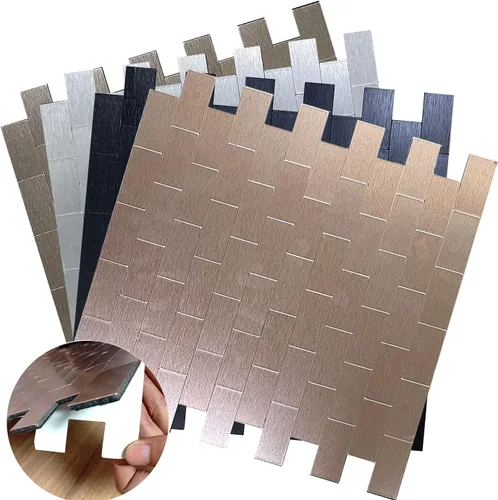 Vista 2 de XUANINY 10 láminas de azulejos metálicos despegables y adhesivos para salpicadero, autoadhesivos de aluminio cepillado estilo subway, pegatina