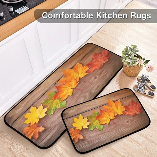 Vista 6 de Kitchen Rugs 2 Piece Waterproof Non Slip Kitchen Mat Maple Leaves on Wood Kitchen Rug Set for Sink Office Kitchen Cafe, 19.7"x47.2"+19.7"x27.6