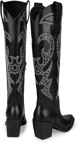 Vista 3 de wetkiss Botas vaqueras para mujer, hasta la rodilla, botas vaqueras para mujer, con diamantes de imitación, cómodas, a la moda, altas y brillantes