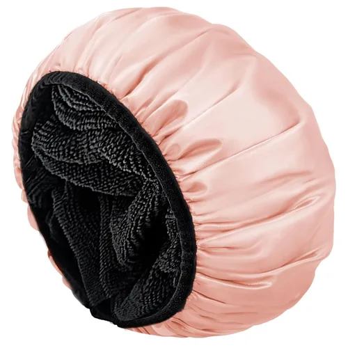 Vista 19 de Aquior Gorro de ducha con forro de rizo para mujer, reutilizable, triple capa impermeable, extra grande para mujeres de pelo largo (negro)