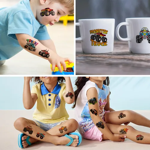 Vista 4 de CHARLENT Tatuajes temporales de Monster Truck para niños, suministros de fiesta – 74 hojas individuales de tatuajes de camión monstruo para niños