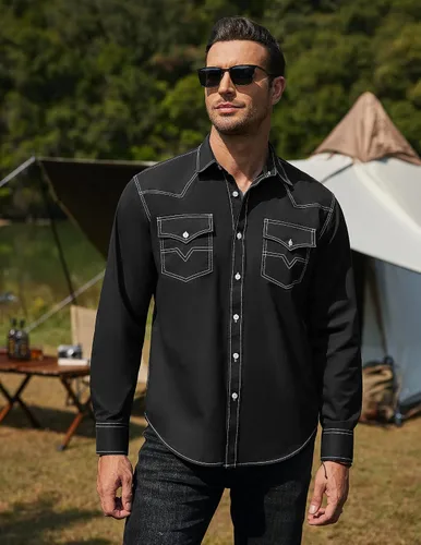 Vista 5 de COOFANDY Camisa vaquera de manga larga para hombre, de algodón, con botones, estilo casual, con bolsillos 01-Negro