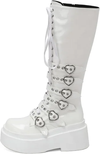Vista 33 de Parisuit Botas góticas altas hasta la rodilla con hebilla de plataforma para mujer, tacón alto grueso, con cordones, botas de combate punk, con Negro