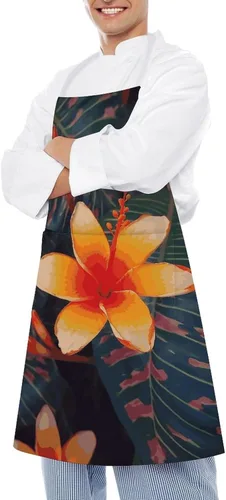 Vista 4 de MUSM Hawaii Tropical Flower Apron，Classic Vintage Funny with Pockets Aprons,Adjustable Bib Waterdrop Resistant for Kitchen Cooking Restaurant BBQ