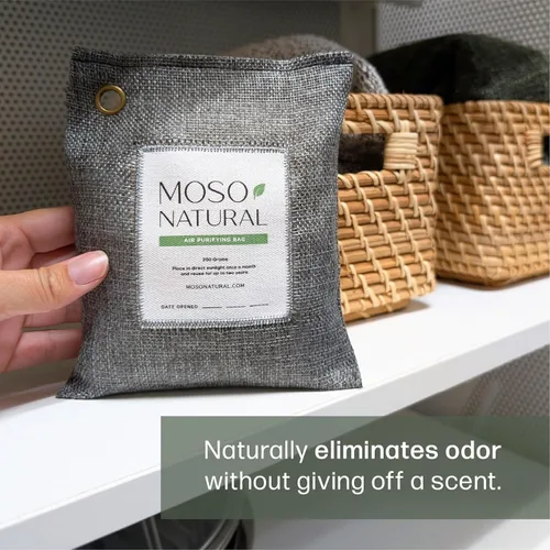 Vista 4 de Moso Natural, bolsa purificadora de aire Elimina olores de autos, armarios, baños y zonas de mascotas Juego de 4 unidades de color carbón, de 200 g