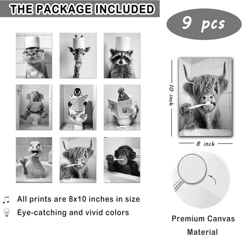 Vista 2 de Kizbok Arte Gracioso para Pared de Baño, Arte en Blanco y Negro, Impresiones de Arte de Baño en Lienzo de Animales Lindos, Carteles Graciosos