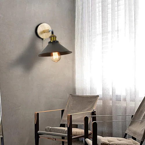 Vista 3 de Juego de 2 apliques de pared Vintage Negros, con Base de Madera de 1 luz, interruptor de cadena y diseño cónico. Ideal para mesilla de Noche, sala