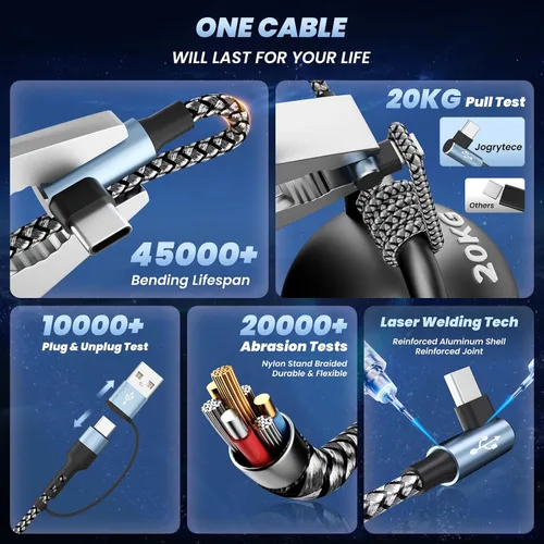 Vista 6 de Cargador de teléfono de 90 grados, cable de carga múltiple 4 en 2, cable USB C CarPlay con doble tipo C, micro USB, puerto IP, cable USBC de nailon