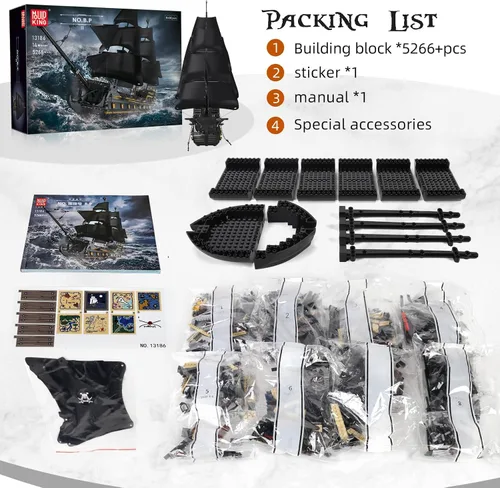 Vista 5 de Mould King MOC 13186 - Bloques de construcción modelo de barco pirata, juego de construcción de modelo de velero perla negra para construir, kit