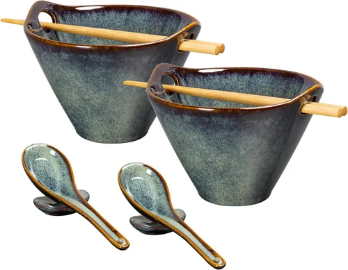 Vista 9 de UNICASA Juego de 2 cuencos japoneses para ramen con palillos, cucharas y reposos, 26 onzas, para fideos de porcelana profunda, Udon, Pho, ensalada