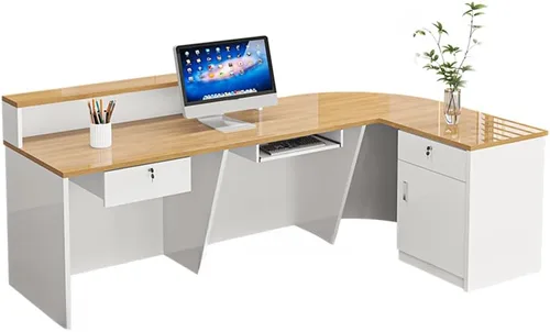 Vista 4 de LITFAD Recepción de computadora en forma de L - Escritorio de recepción de madera fabricada con gabinete, gestión de cables y bandeja para teclado