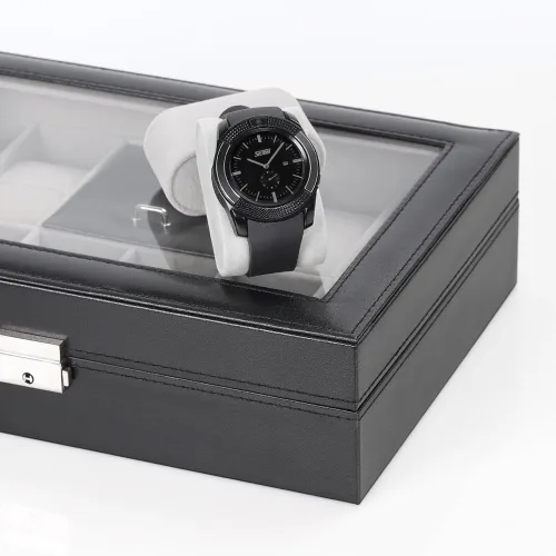 Vista 6 de NEX Caja de reloj 8 ranuras con cerradura de cuero para reloj organizador con almacenamiento de anillos para mujeres y hombres color negro