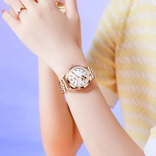 Vista 8 de OLEVS Reloj mecánico automático para mujer, correa de cuero, cuerda automática, reloj de pulsera para mujer, esfera de corazón de diamante