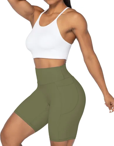 Vista 8 de Sunzel Pantalones cortos de ciclismo sin costuras frontales para mujer con bolsillos, pantalones cortos de yoga, entrenamiento, gimnasio, ciclismo