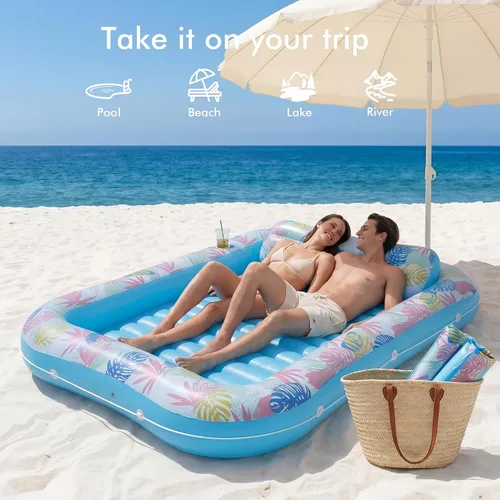 Vista 5 de OKSUWATER - Flotador para tumbona bronceadora para piscina, de 87 x 63 pulgadas, para adultos, con reposacabezas y soporte para bebidas, cama Azul
