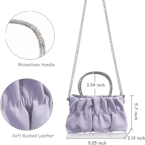 Vista 2 de Bolsos de cuero suave para mujer, bolsos de noche con diamantes de imitación de boda, elegante bolso de mano de fiesta, bolso cruzado morado, Púrpura
