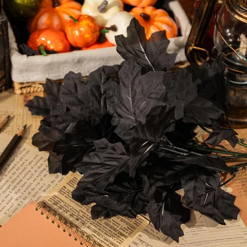 Vista 6 de Ramas de Halloween, paquete de 2 ramas de flores artificiales negras, tallo de flor de hoja de arce falsa, ramas de ramo de flores artificiales