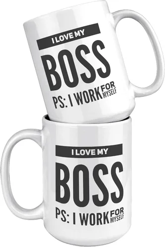Vista 6 de Taza de café con texto en inglés "I Love My Boss PS I Work For Mysel", regalos para jefes, divertida, sarcástica, empresario, compañero de trabajo