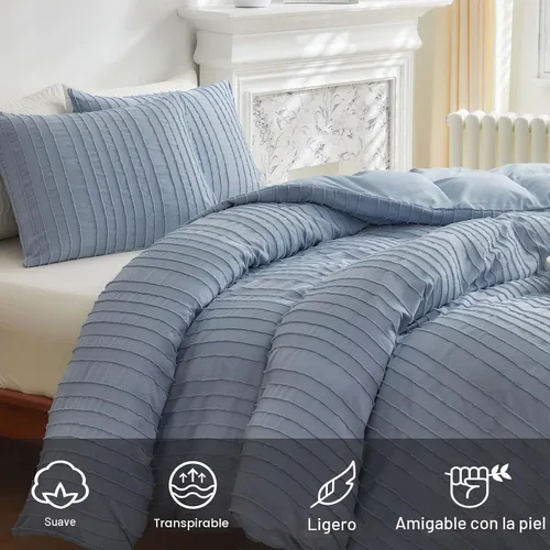 Vista 3 de WARMDERN Juego de funda de edredón a rayas azules, ropa de cama con textura bohemia acolchada con mechones, 2 piezas tamaño Twin de microfibra