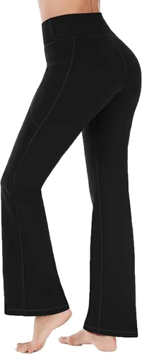 Vista 3 de Pantalones de yoga acampanados para mujer, corte de bota con bolsillos, cintura alta, pierna ancha, control de abdomen, pantalones suaves
