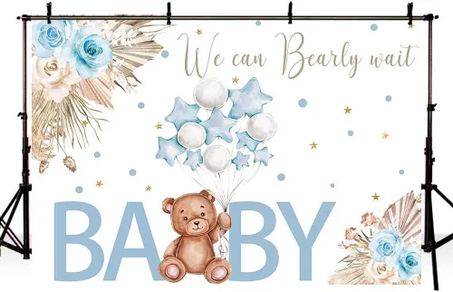 Vista 4 de AIBIIN Telón de fondo para baby shower de oso de 7 x 5 pies para niño, We Can Bearly Wait to Meet You, azul, bohemio, floral, globo de pampas