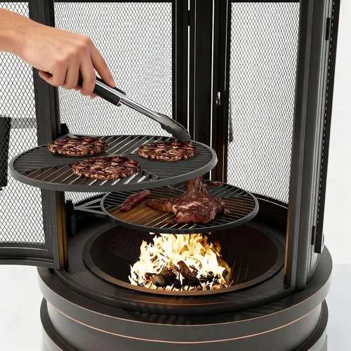Vista 3 de ALAULM Chiminea de metal con parrilla, hoguera 2 en 1 con bandeja de parrilla ajustable y puerta mosquitera de malla, chimenea de acceso múltiple
