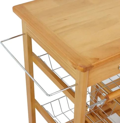 Vista 9 de Carrito de cocina con ruedas de 4 niveles, carrito de almacenamiento de cocina de madera, carrito de microondas con toallero, cajones, estantes