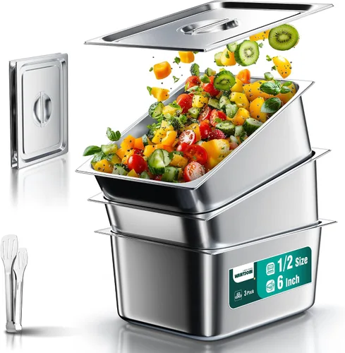 Vista 10 de WantJoin Recipientes Gastronómicos con Tapa 1/1 Tamaño Completo 4 Pulgadas de Profundidad Paquete de 3, Juegos de Bandejas de Metal de Acero